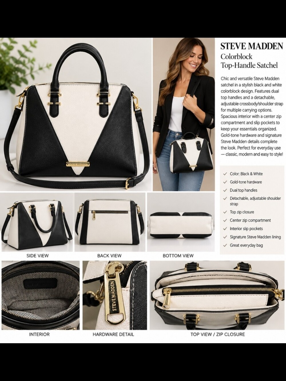 Steve Madden Black & White Colorblock Satchel Crossbody Bag